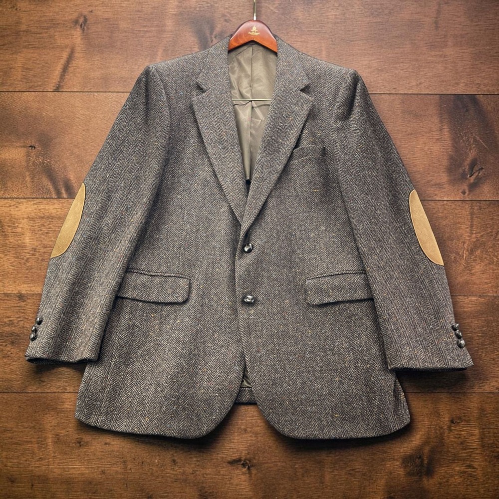 Vintage 70s Stafford Brown Herringbone Tweed Sport Coat Elbow Patches 43L USA